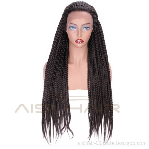 Aisi Hair Heat Resistant Braid Box Lace Front Three Braids Long Wigs Dark Brown Long Lace Front Wigs for Black Women